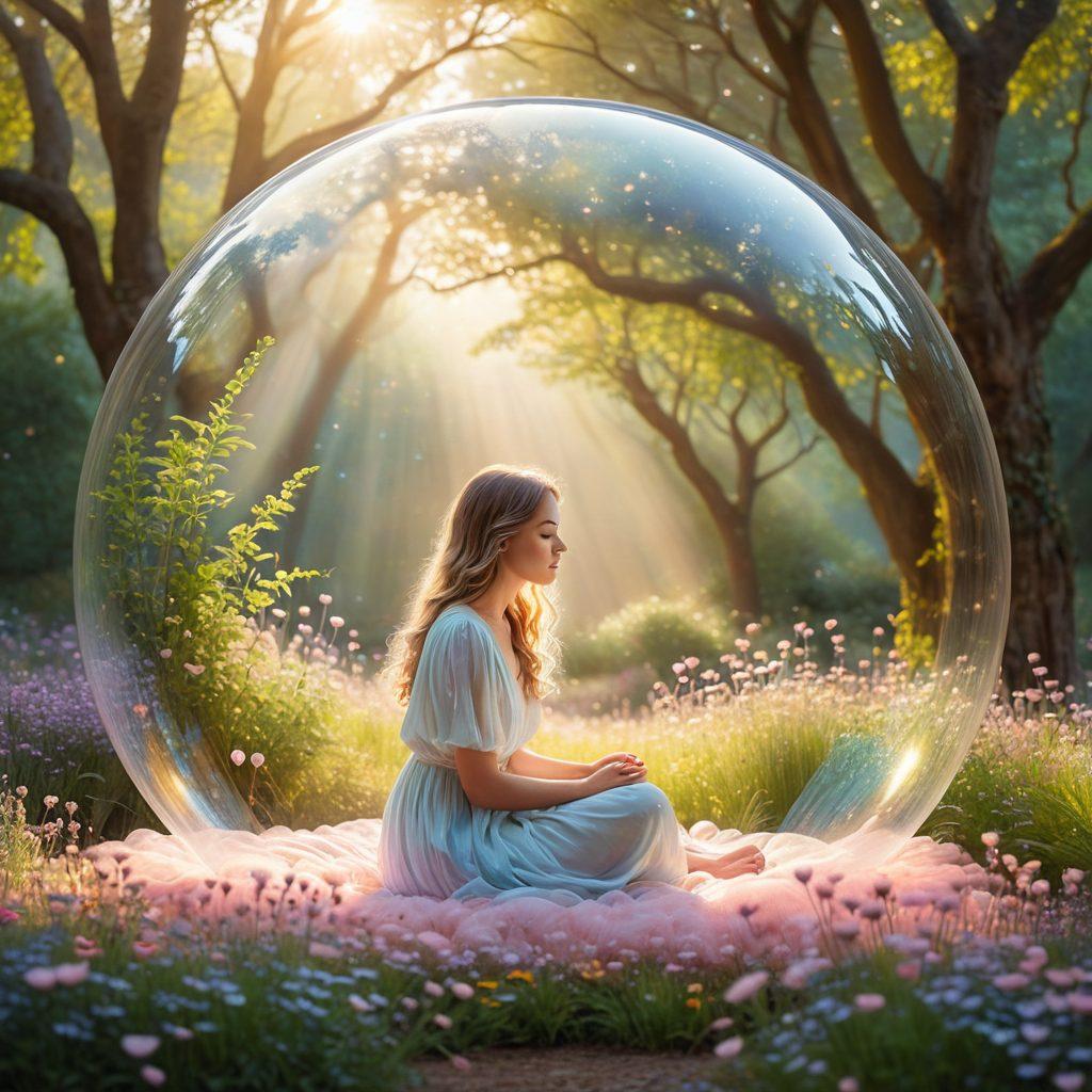 A serene scene featuring a person enveloped in a translucent, protective bubble, surrounded by warm, glowing hearts symbolizing love and emotional well-being. In the background, illustrated elements of nature, such as trees and flowers, signify growth and protection. Soft pastel colors create a calming atmosphere while light rays burst gently from the bubble. A sense of safety and tranquility is emphasized. vibrant colors. soft focus.