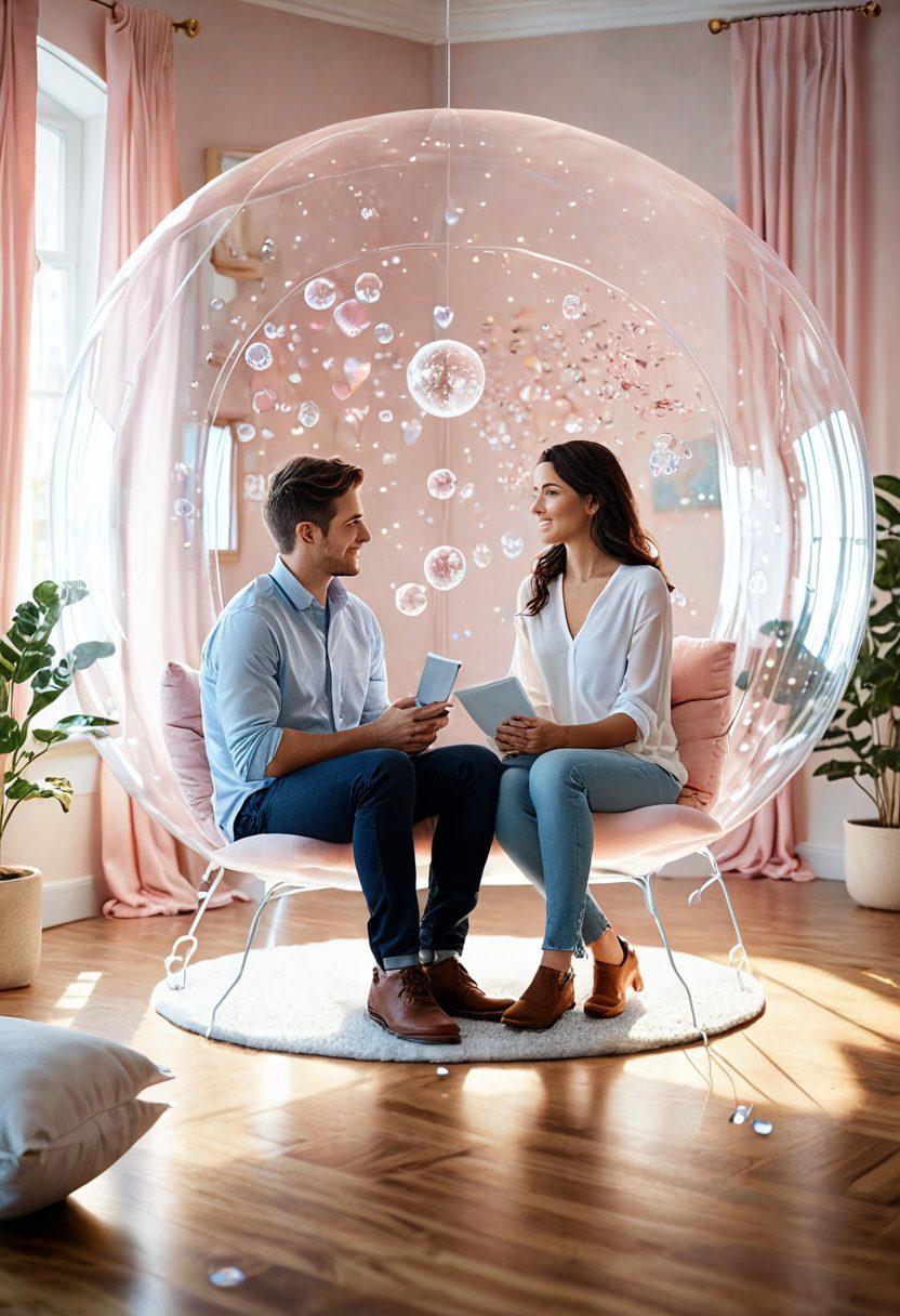 A cozy scene depicting a couple sitting inside a shimmering, transparent bubble that symbolizes financial security, surrounded by floating dollar signs and hearts. They are engaged in a collaborative project, like planning a budget or discussing future goals, while outside the bubble, chaotic elements like flying bills and stress are visible but contained. The atmosphere is warm and inviting, with soft lighting that enhances the feeling of safety and love. pastel colors. super-realistic. dreamy.