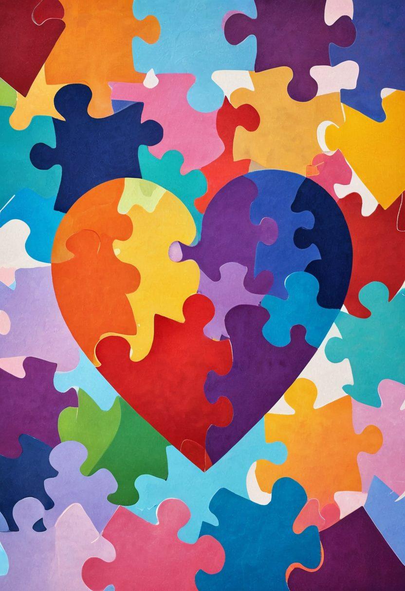 A vibrant heart made of interlocking puzzle pieces symbolizing connections, surrounded by glowing orbs representing love and emotional well-being. In the background, soft pastel colors evoke warmth and tranquility. Include silhouettes of diverse couples embracing, conveying love and support. The overall feel should be hopeful and transformative, with an emphasis on connection. colorful illustration. soft focus.